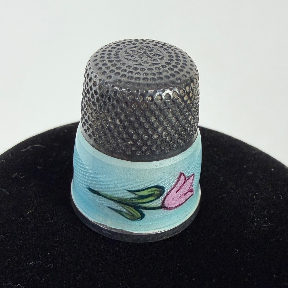 Vintage Sterling Silver 925 Guilloche Enamel Pink Tulip Floral Thimble Blue